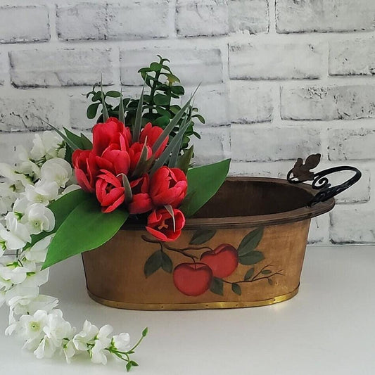 Rustic Hand Painted Bowl Bent Wood Oval Basket Planter with Handles