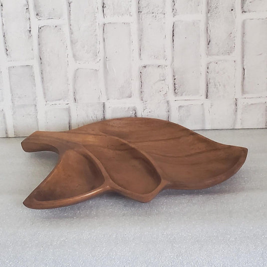 Autumn Mid Century Monkey Pod Bowl Leaf Shape Trinket Dish