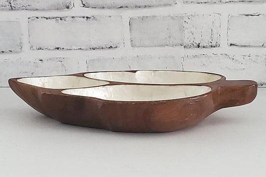 Mid Century Trinket Dish Monkey Pod Capiz Shell Vintage Divided Wood Bowl
