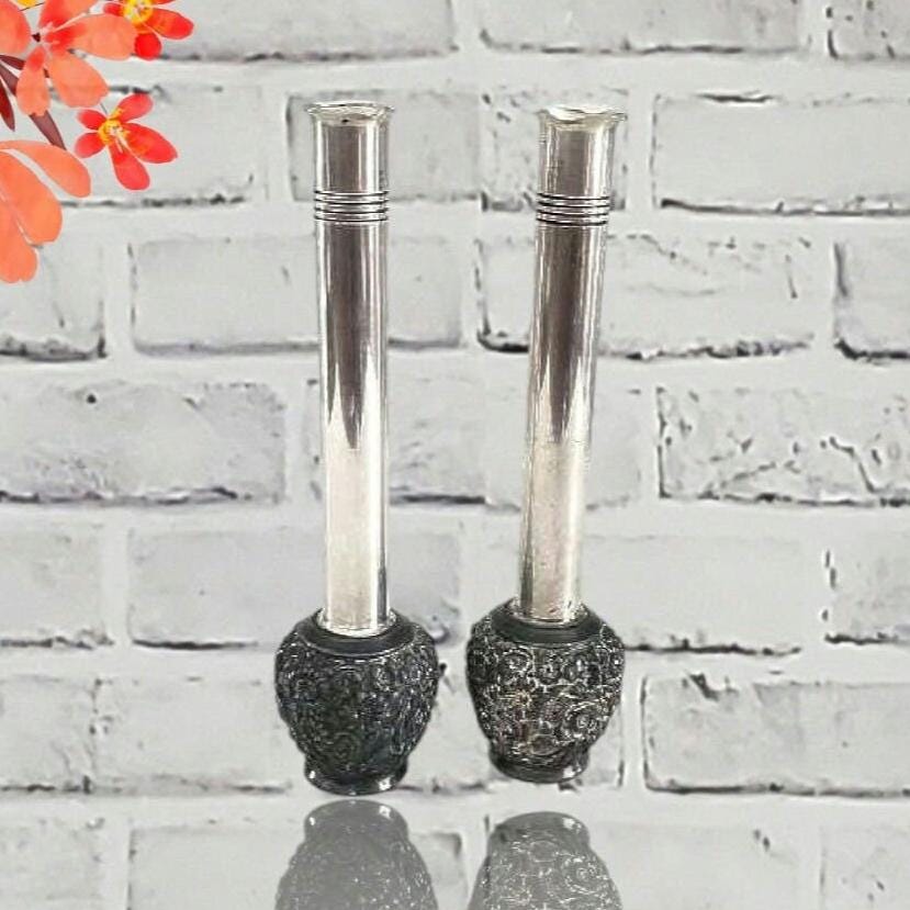 Silver Bud Vases, WB Mfg Co Ornate Vase Set