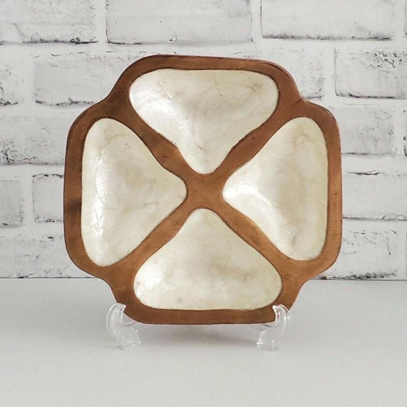 Mid Century Catchall Monkey Pod Capiz Shell Dish Vintage Dvided Wood Bowl