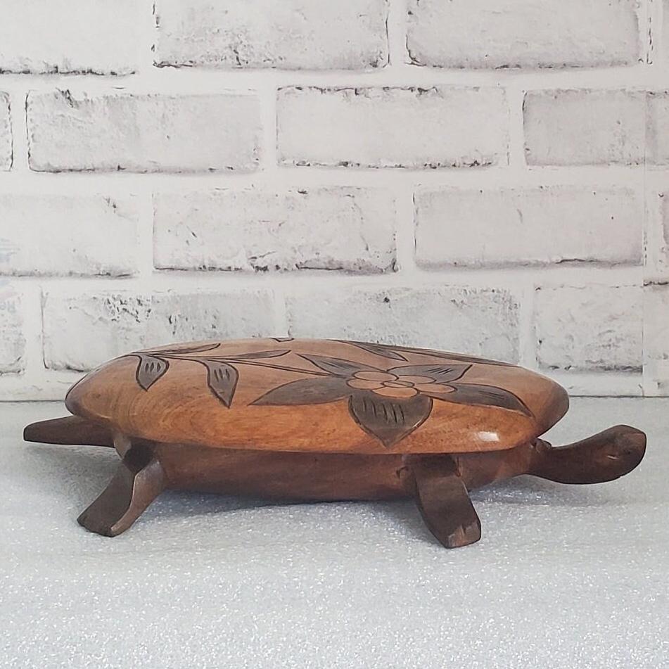 Carved Turtle Trinket Box with Lid Tortoise Wood Sculpture