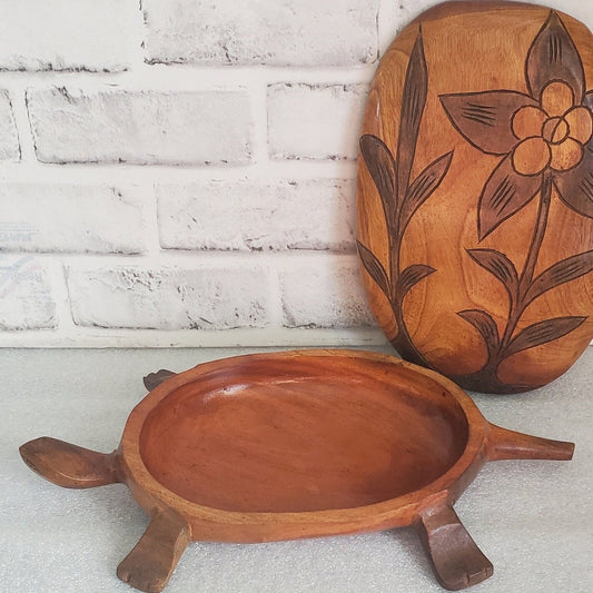 Carved Turtle Trinket Box with Lid Tortoise Wood Sculpture