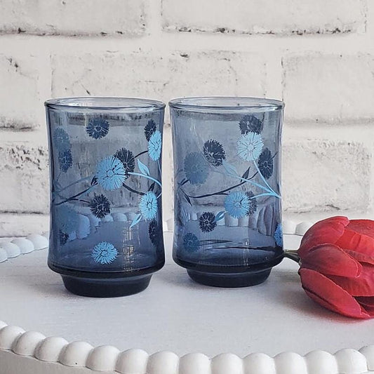 Blue Libbey Juice Glasses Flowers Vase Set of 2