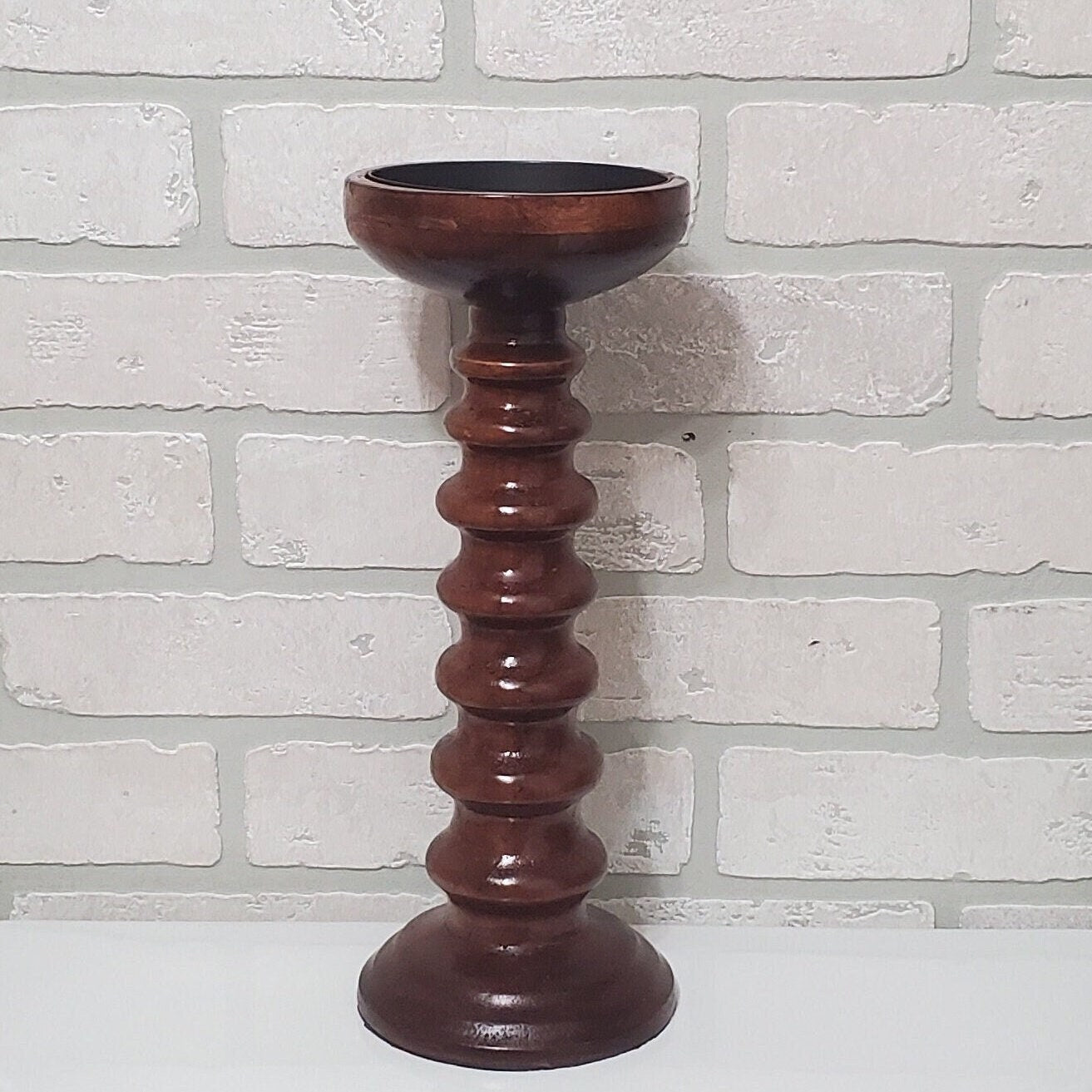 Carved Wood Bobbin Candle Holder Small Pot Plant Stand