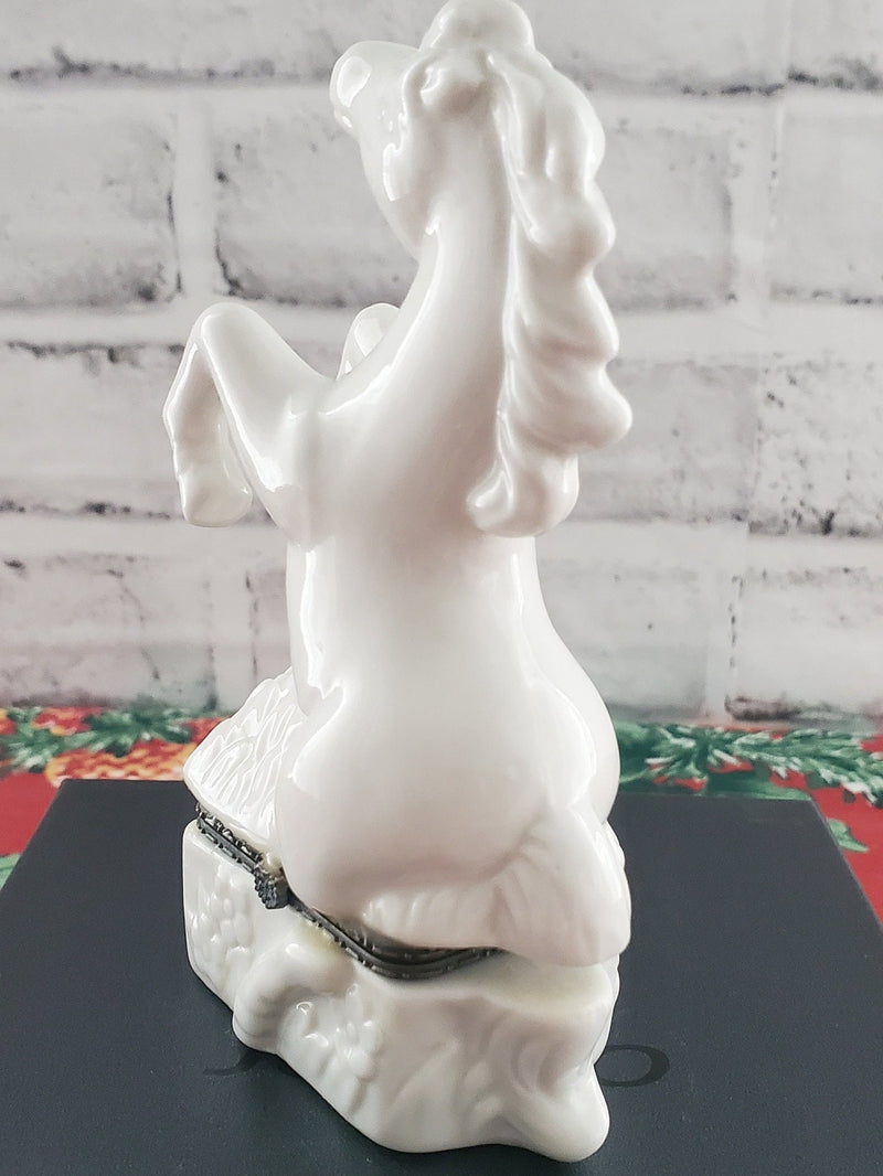 Ceramic Horse Trinket Box: White Glazed Jewelry Holder