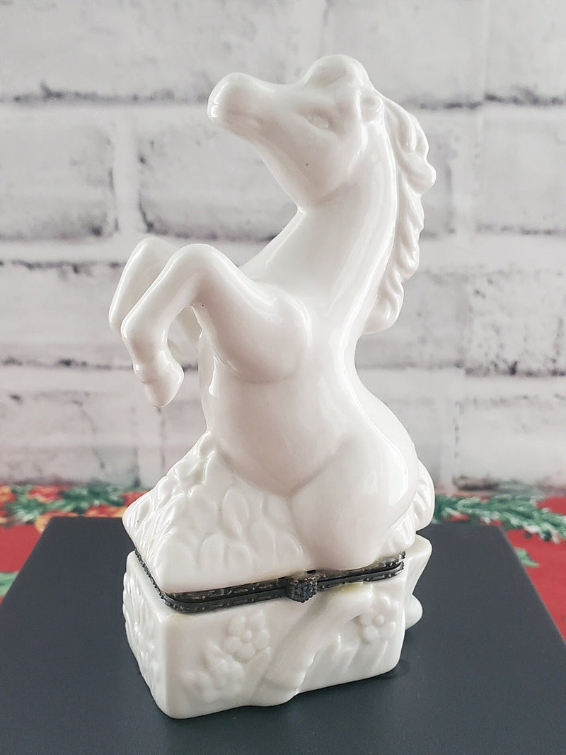 Ceramic Horse Trinket Box: White Glazed Jewelry Holder