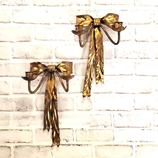 Vintage Gilt Bow Candle Sconce Pair, Rare Florentine Italian Tole Ribbon Wall Decor