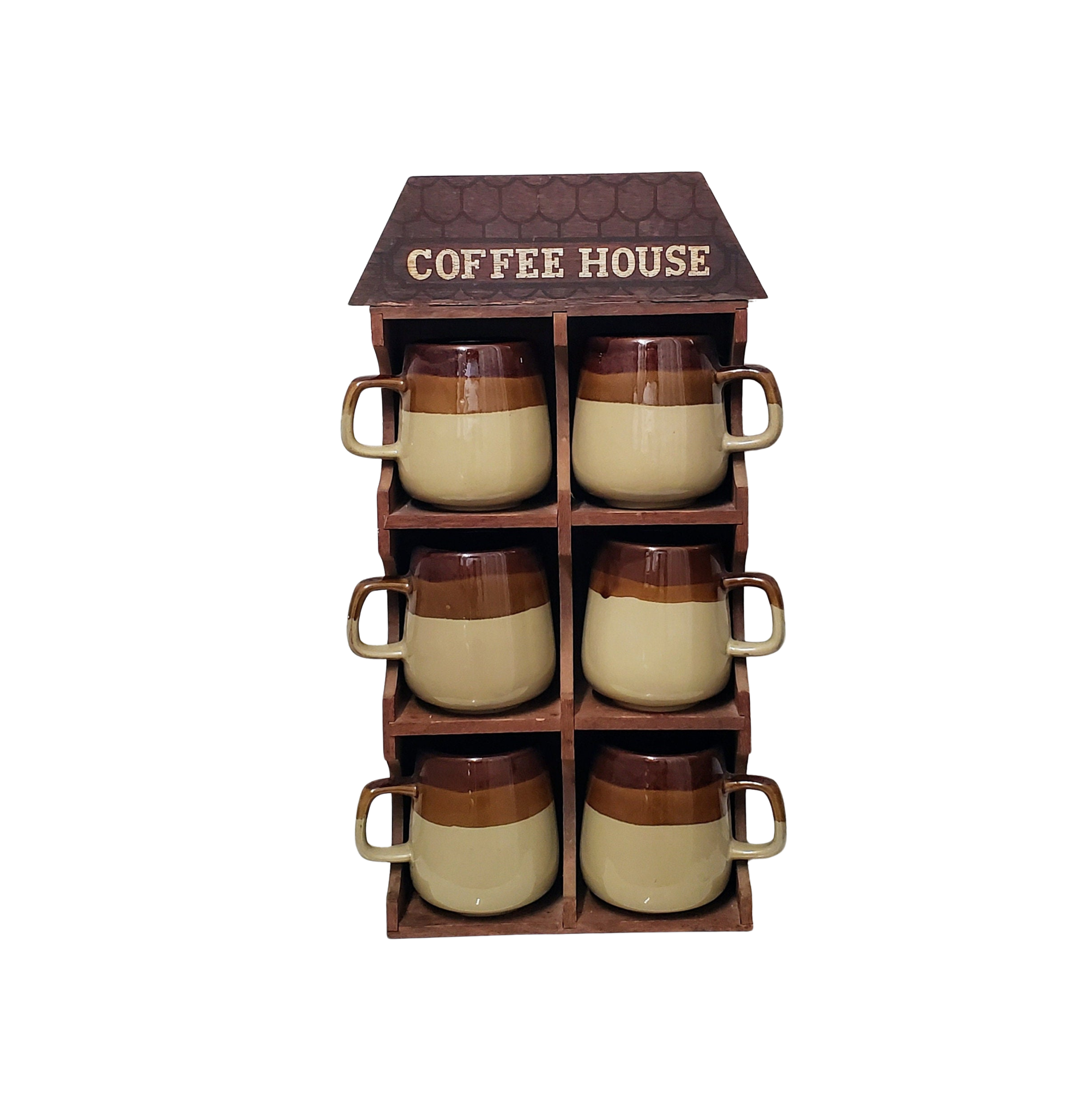 Retro Ceramic Coffee Mug Set Vintage Wood Cup Display Cabinet