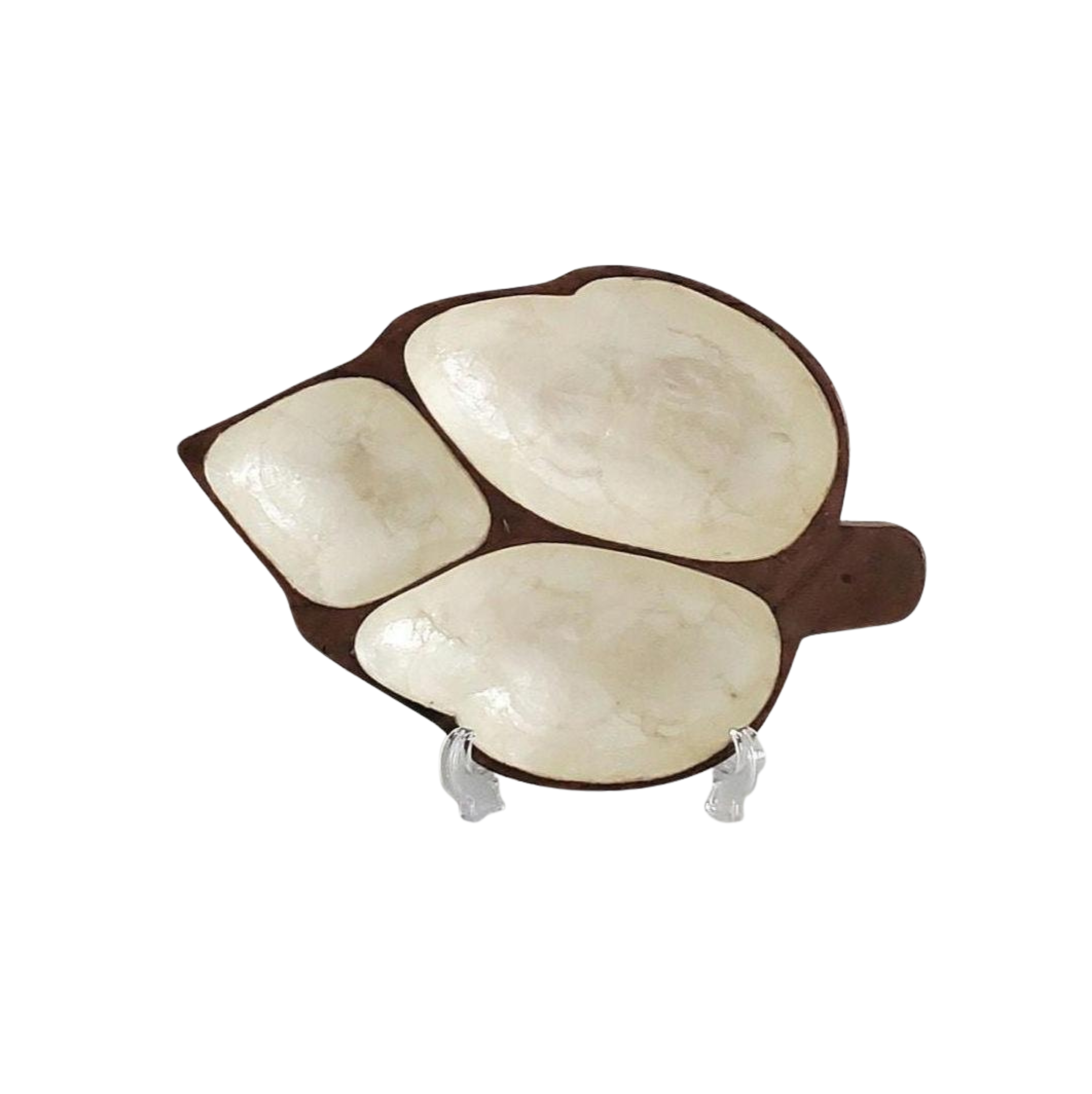 Mid Century Trinket Dish Monkey Pod Capiz Shell Vintage Divided Wood Bowl