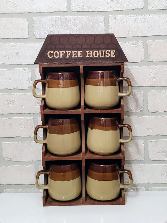 Retro Ceramic Coffee Mug Set Vintage Wood Cup Display Cabinet