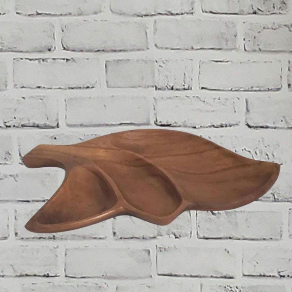 Autumn Mid Century Monkey Pod Bowl Leaf Shape Trinket Dish