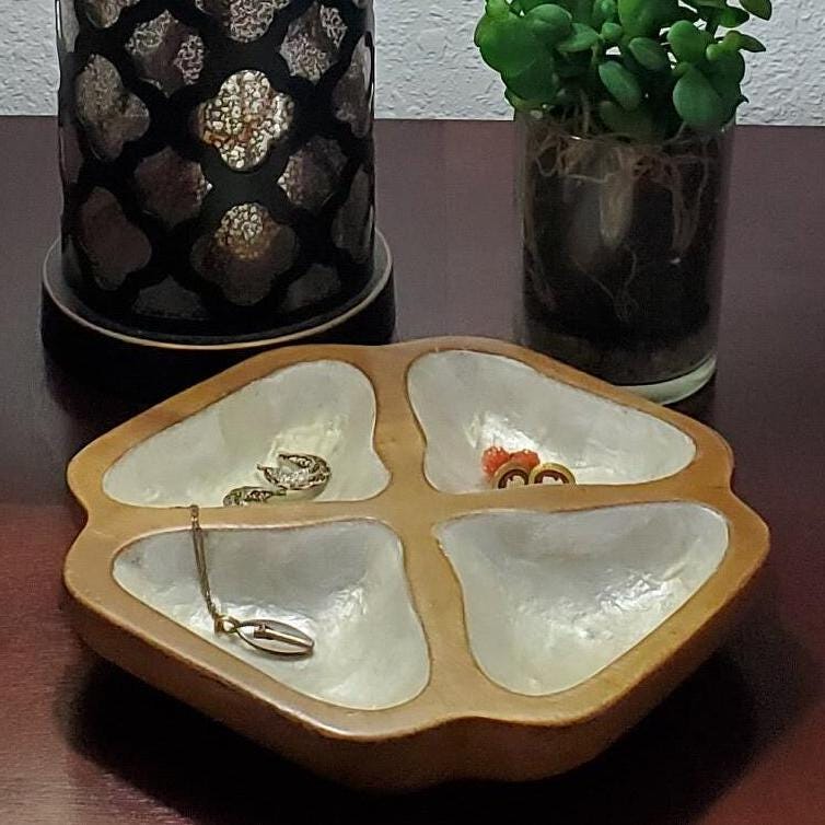 Mid Century Catchall Monkey Pod Capiz Shell Dish Vintage Dvided Wood Bowl
