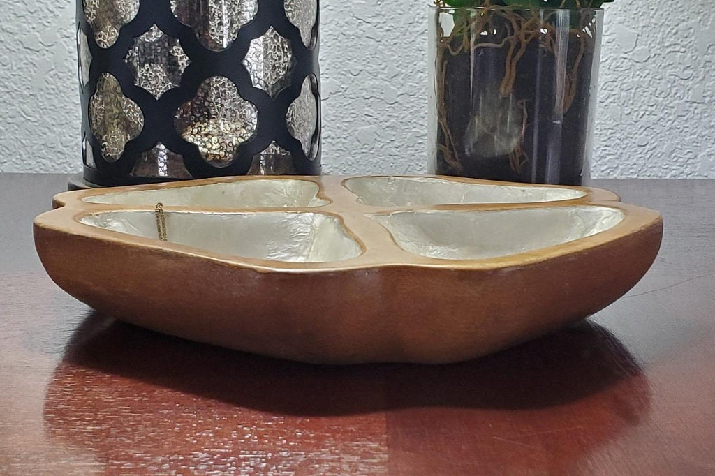 Mid Century Catchall Monkey Pod Capiz Shell Dish Vintage Dvided Wood Bowl