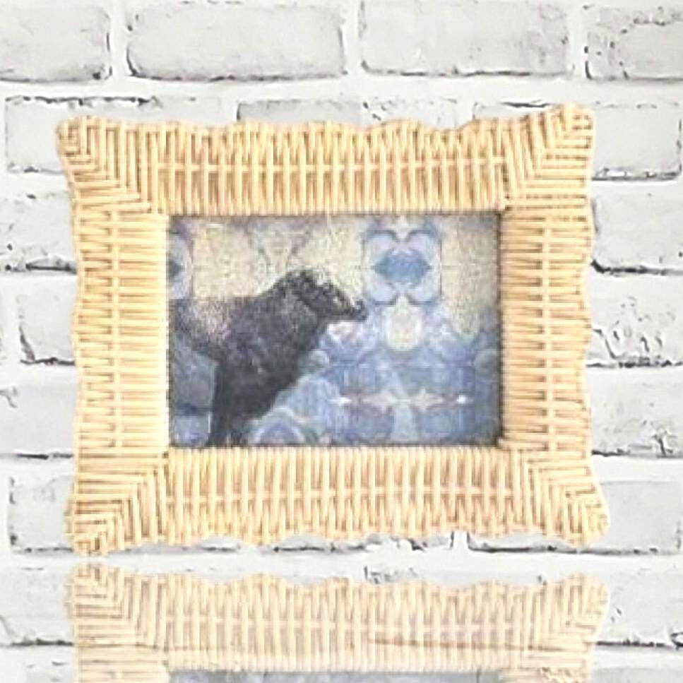 Woven Rattan Framed Original Art, Collage Lamb Art Print on Canvas
