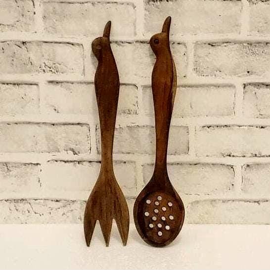 Hand Crafted Wood Serving Utensils, Folk Art Decor