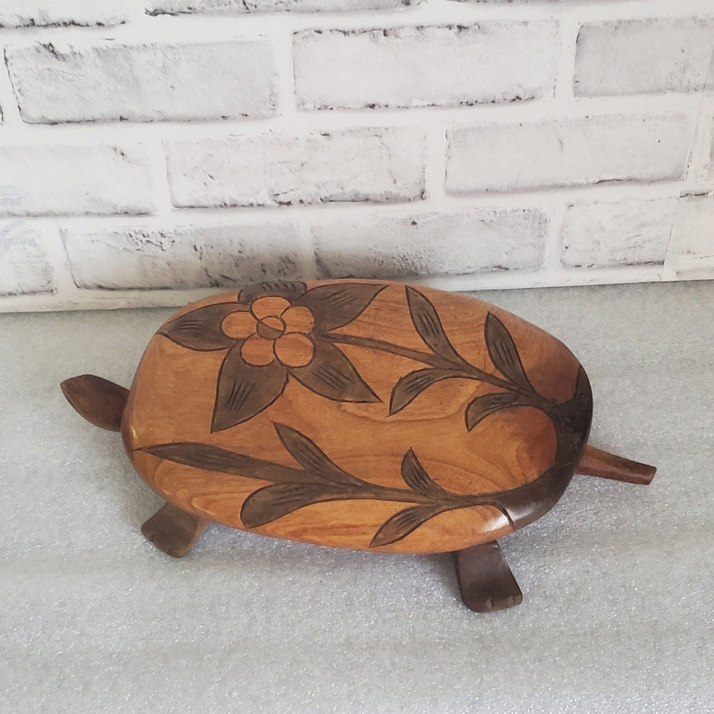 Carved Turtle Trinket Box with Lid Tortoise Wood Sculpture