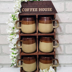 Retro Ceramic Coffee Mug Set Vintage Wood Cup Display Cabinet