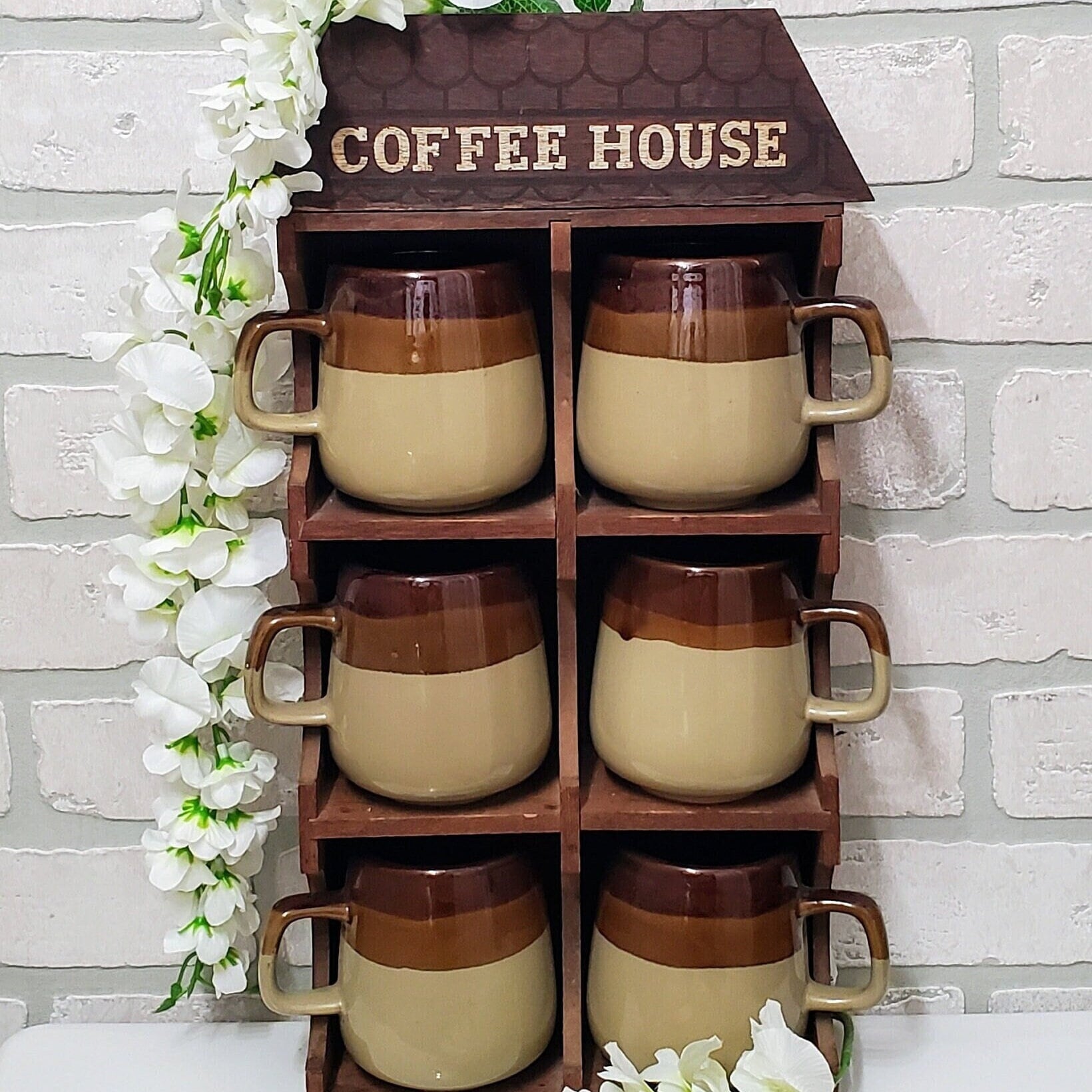 Retro Ceramic Coffee Mug Set Vintage Wood Cup Display Cabinet