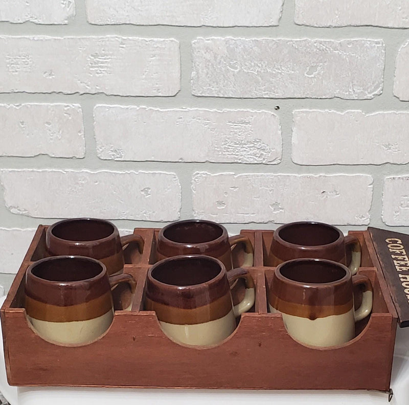 Retro Ceramic Coffee Mug Set Vintage Wood Cup Display Cabinet