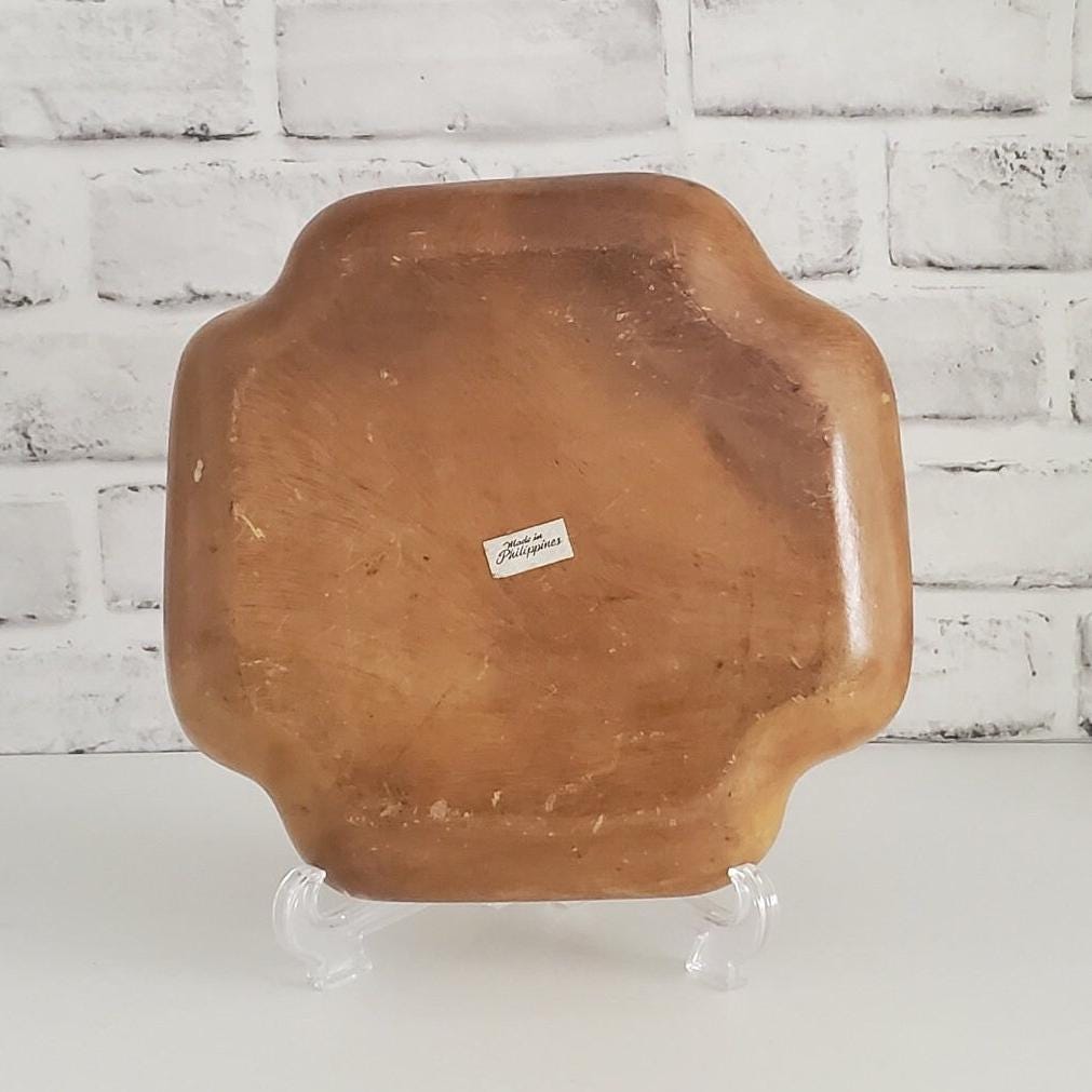 Mid Century Catchall Monkey Pod Capiz Shell Dish Vintage Dvided Wood Bowl