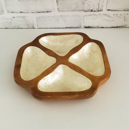 Mid Century Catchall Monkey Pod Capiz Shell Dish Vintage Dvided Wood Bowl
