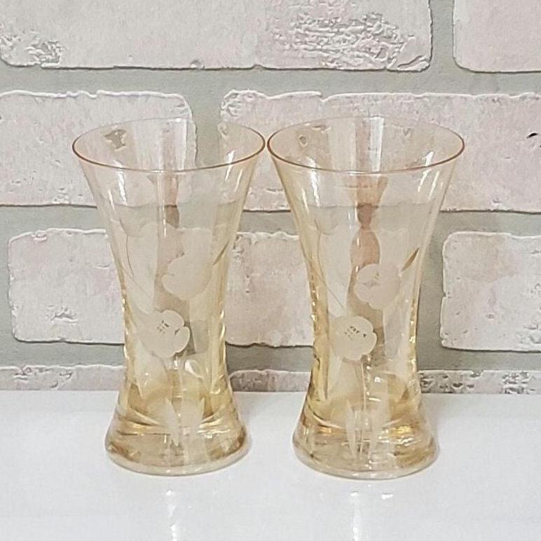 Etched Amber Glasses Floral Motif Translucent Vase Set