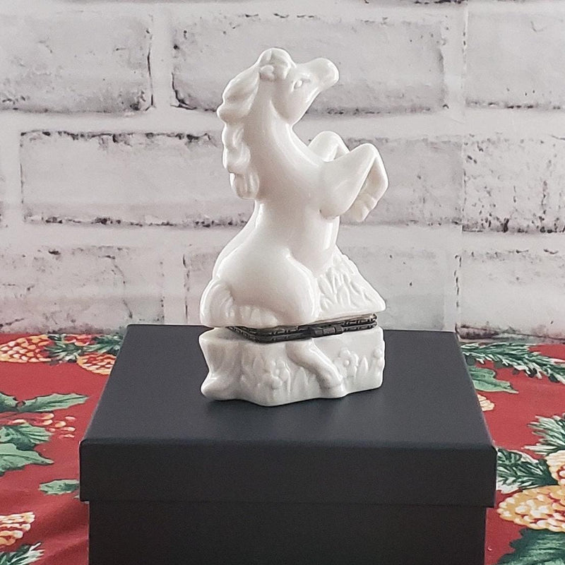 Ceramic Horse Trinket Box: White Glazed Jewelry Holder