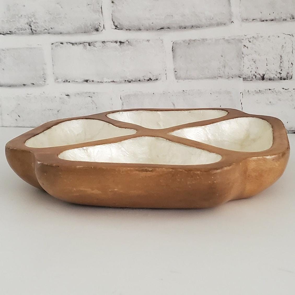 Mid Century Catchall Monkey Pod Capiz Shell Dish Vintage Dvided Wood Bowl