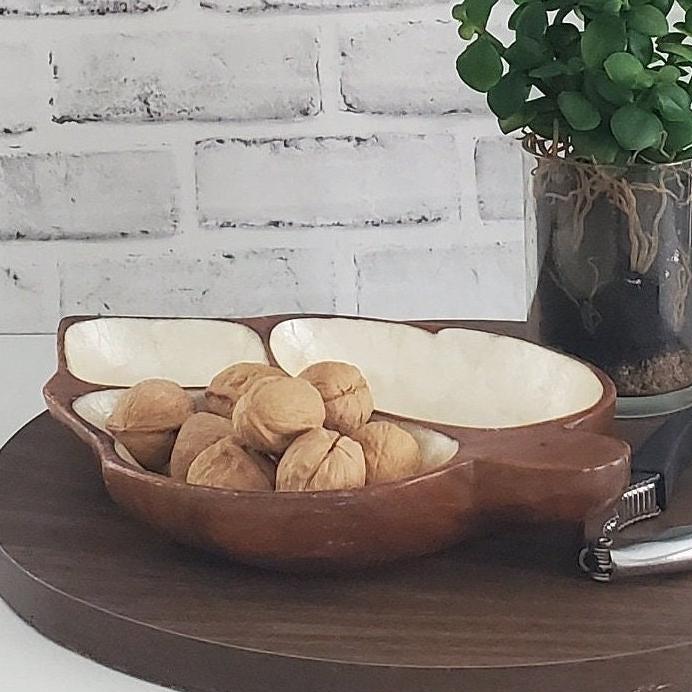 Mid Century Trinket Dish Monkey Pod Capiz Shell Vintage Divided Wood Bowl