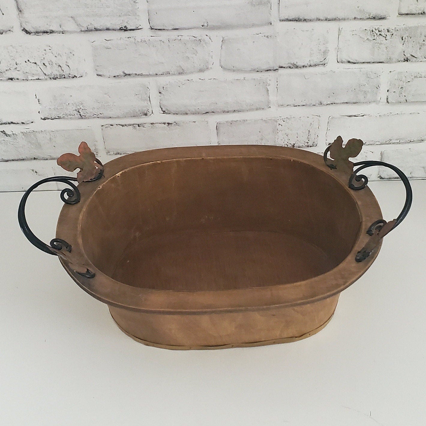Rustic Hand Painted Bowl Bent Wood Oval Basket Planter with Handles