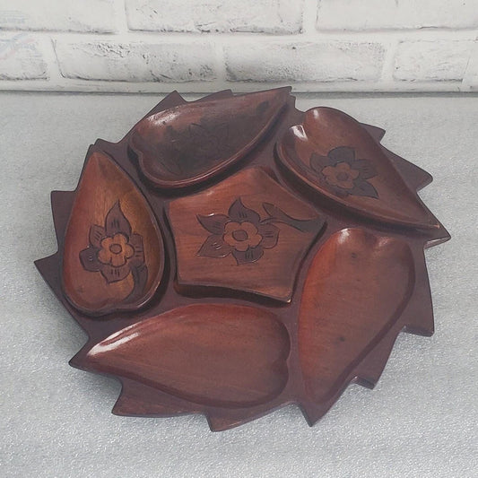 Fall Decor Hand Carved Tray 70's Floral Divided Collectible Wood Dish