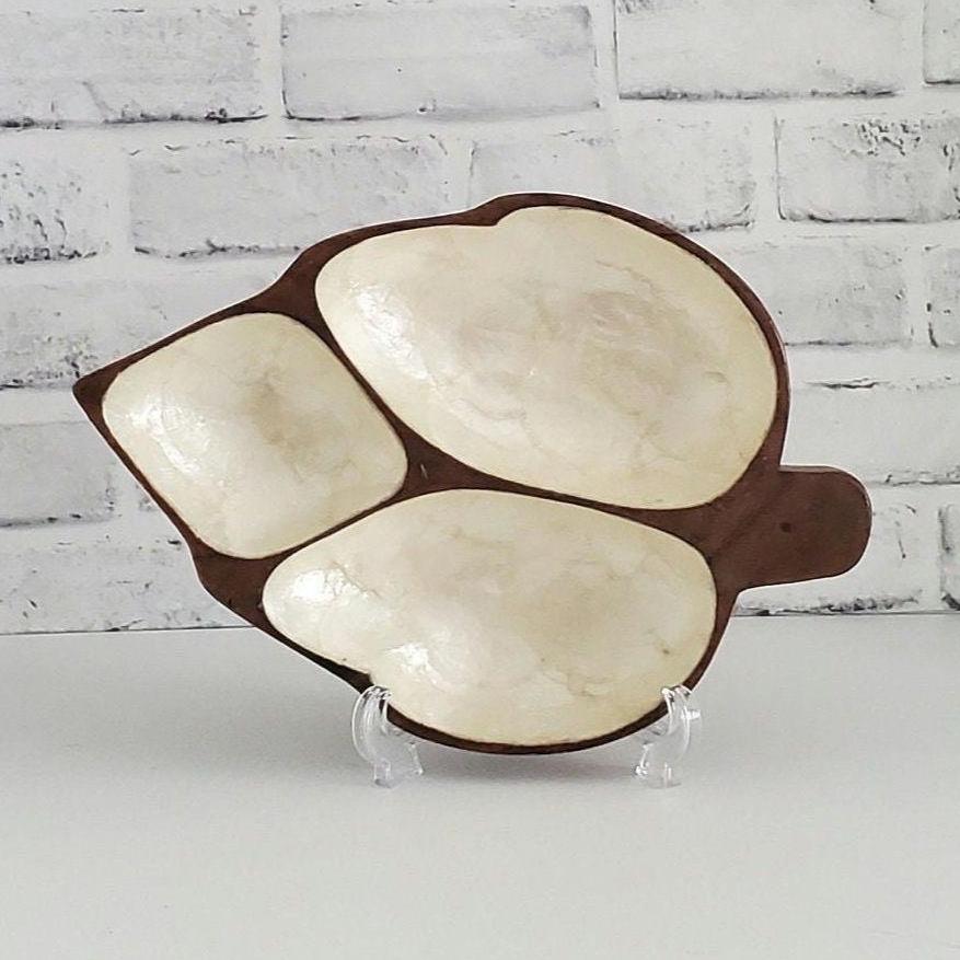 Mid Century Trinket Dish Monkey Pod Capiz Shell Vintage Divided Wood Bowl