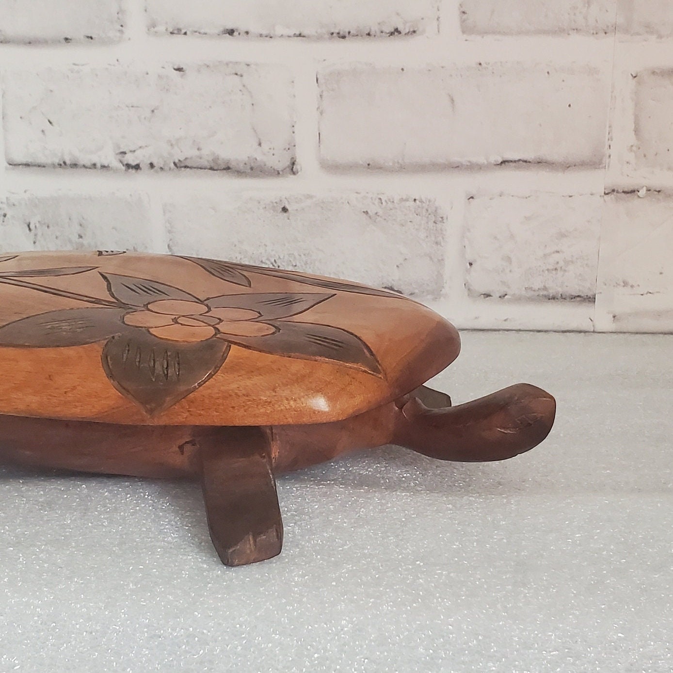 Carved Turtle Trinket Box with Lid Tortoise Wood Sculpture