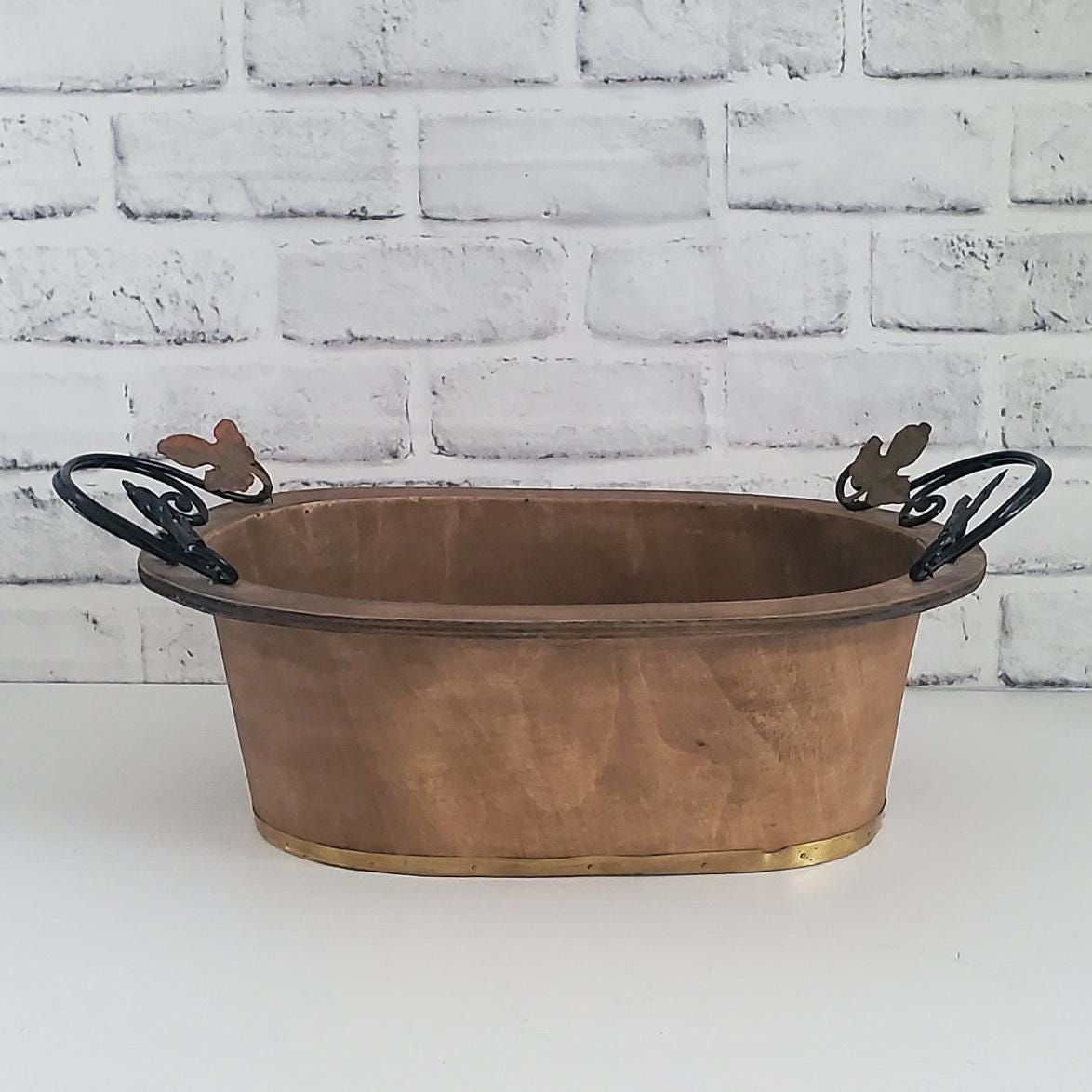 Rustic Hand Painted Bowl Bent Wood Oval Basket Planter with Handles