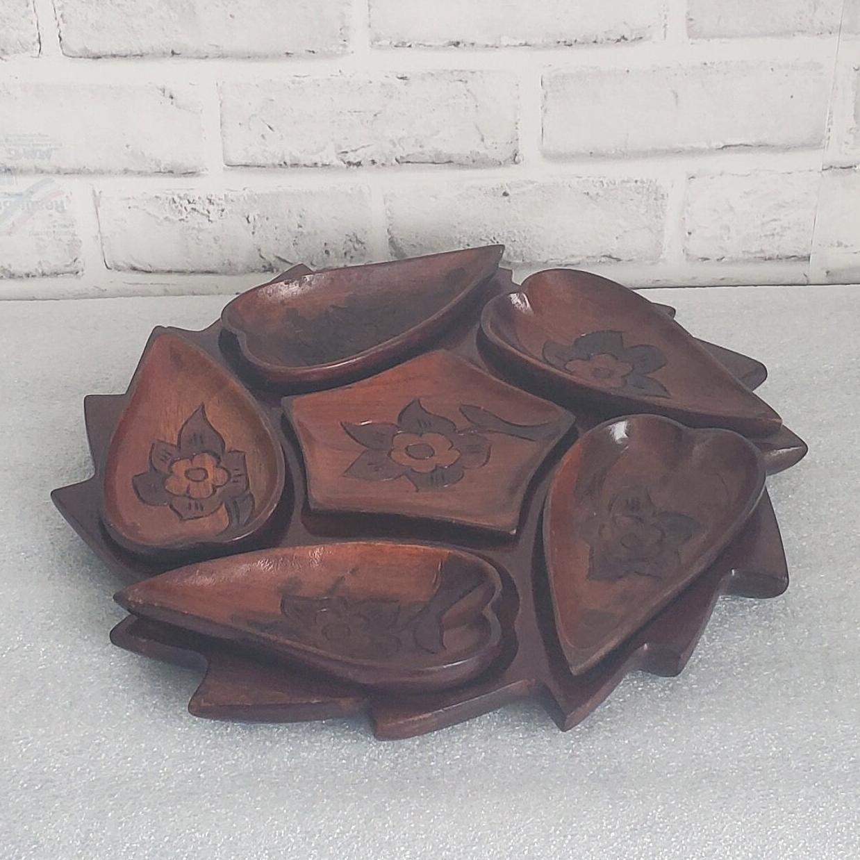 Fall Decor Hand Carved Tray 70's Floral Divided Collectible Wood Dish