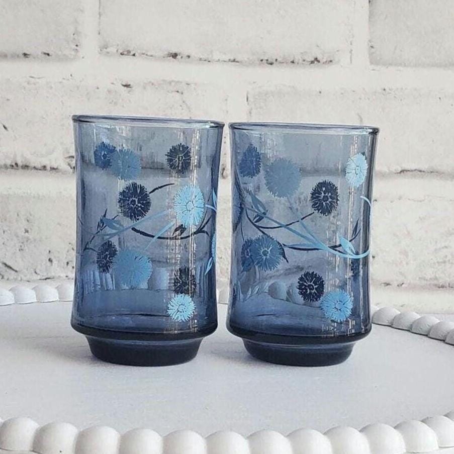 Blue Libbey Juice Glasses Flowers Vase Set of 2