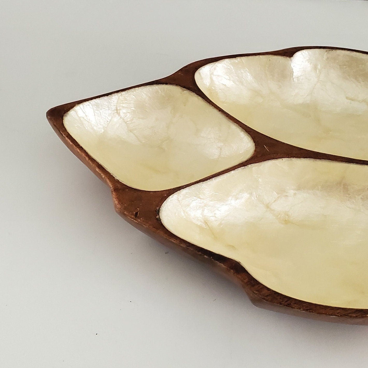 Mid Century Trinket Dish Monkey Pod Capiz Shell Vintage Divided Wood Bowl