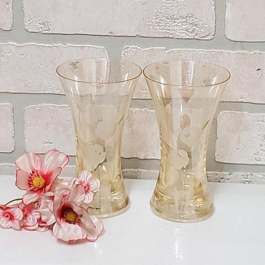 Etched Amber Glasses Floral Motif Translucent Vase Set