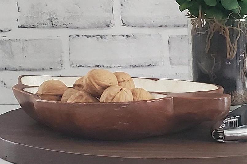 Mid Century Trinket Dish Monkey Pod Capiz Shell Vintage Divided Wood Bowl