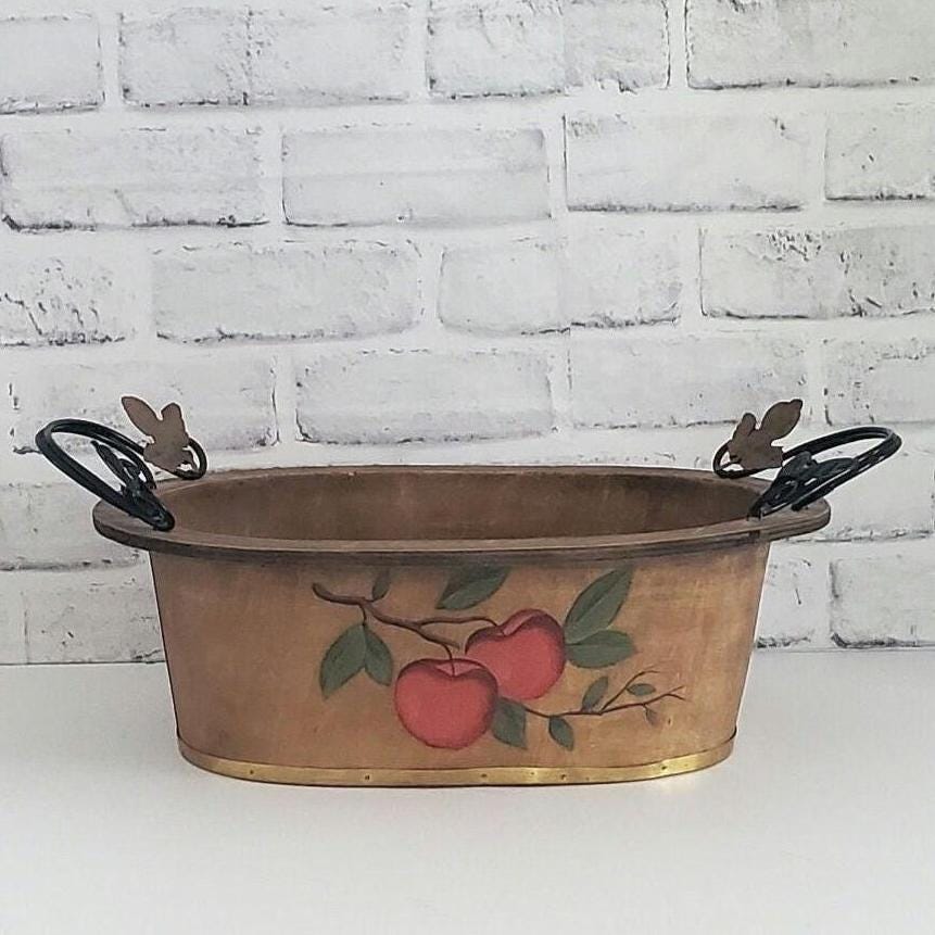 Rustic Hand Painted Bowl Bent Wood Oval Basket Planter with Handles