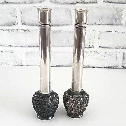Silver Bud Vases, WB Mfg Co Ornate Vase Set