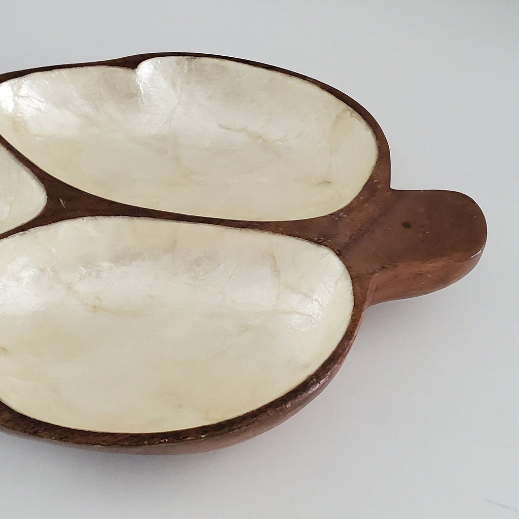 Mid Century Trinket Dish Monkey Pod Capiz Shell Vintage Divided Wood Bowl