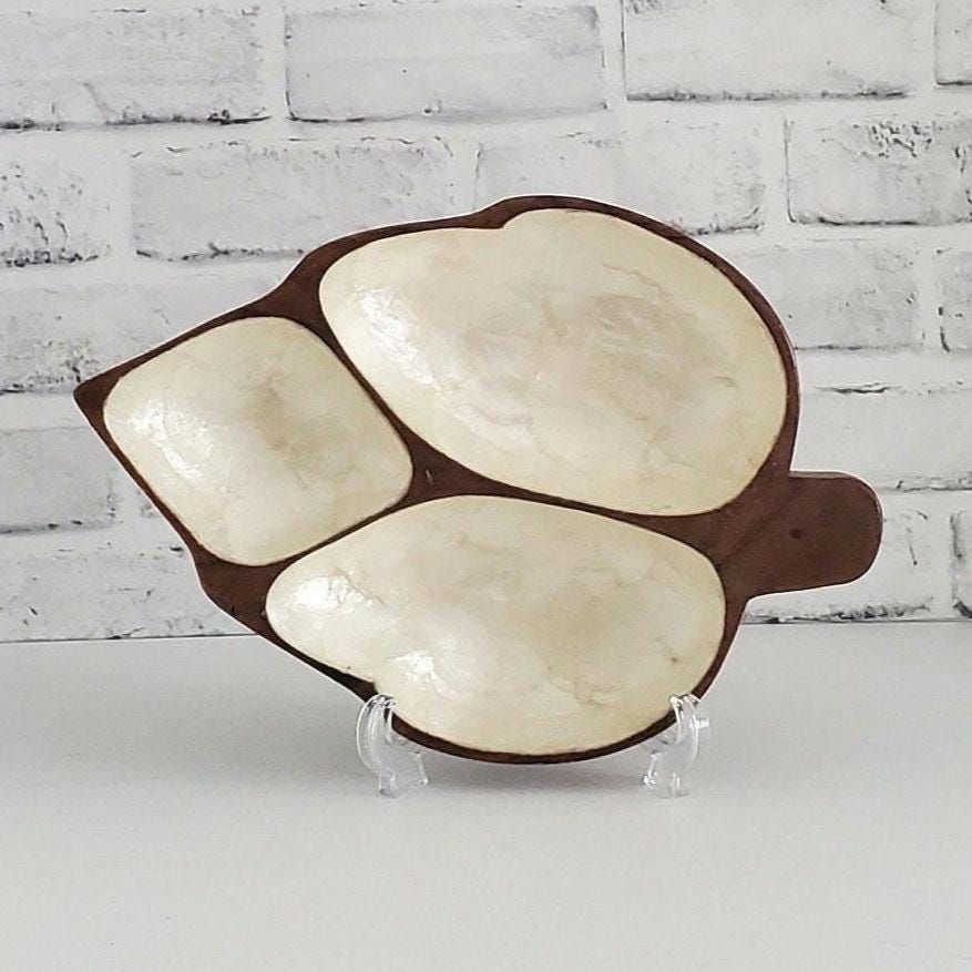 Mid Century Trinket Dish Monkey Pod Capiz Shell Vintage Divided Wood Bowl