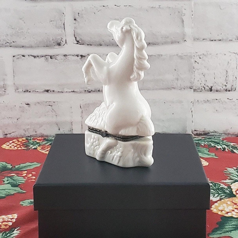 Ceramic Horse Trinket Box: White Glazed Jewelry Holder