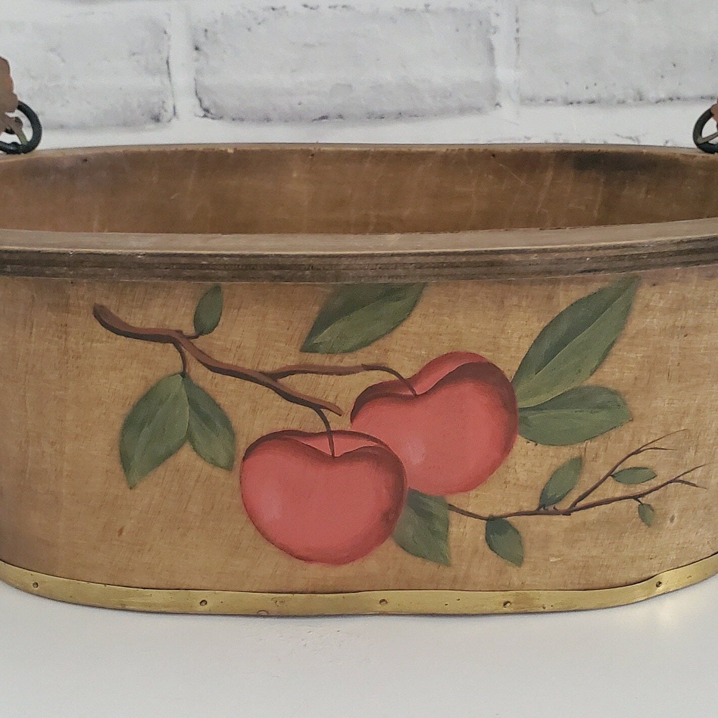 Rustic Hand Painted Bowl Bent Wood Oval Basket Planter with Handles
