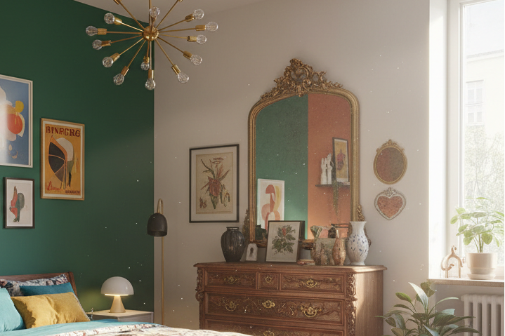 eclectic bedroom with color pattern and vintage and modern furniture