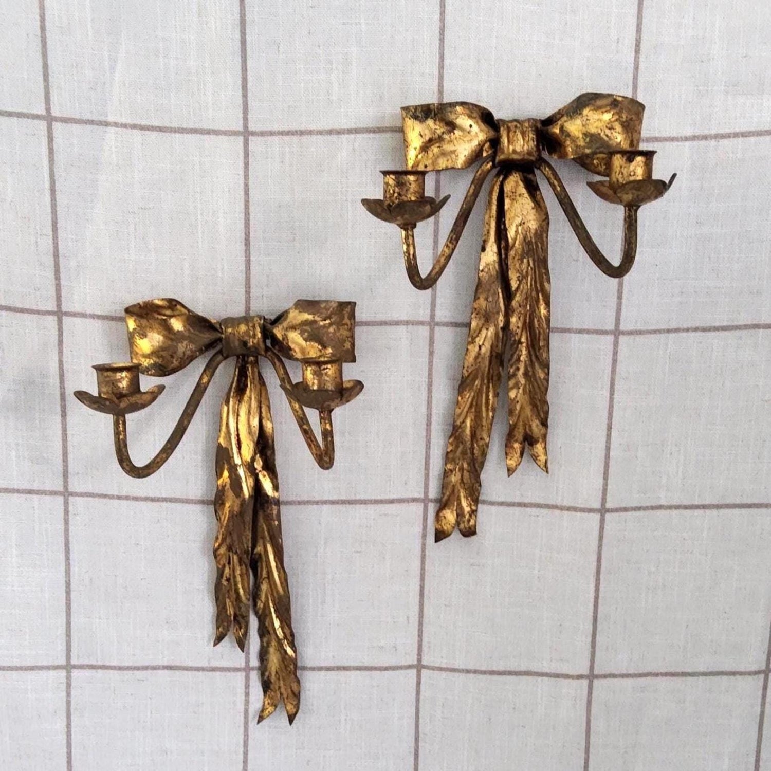 Vintage Gilt Bow Candle Sconce Pair, Rare Florentine Italian Tole Ribbon Wall Decor