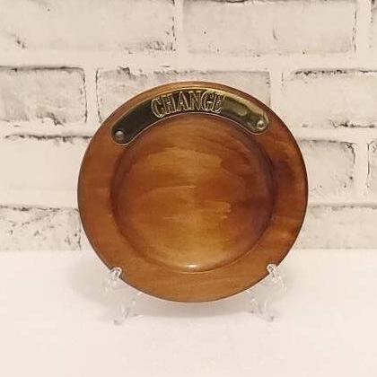Round Change Tray Wood & Brass Trinket Dish Catchall