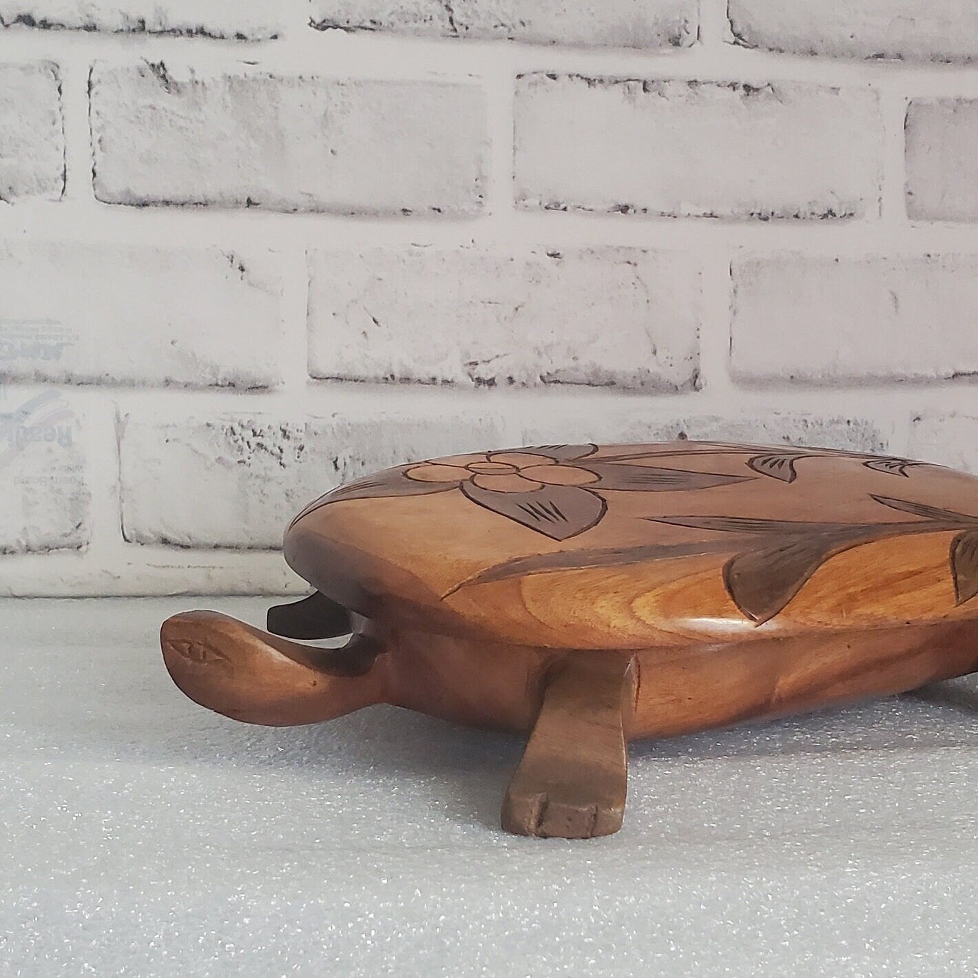 Carved Turtle Trinket Box with Lid Tortoise Wood Sculpture